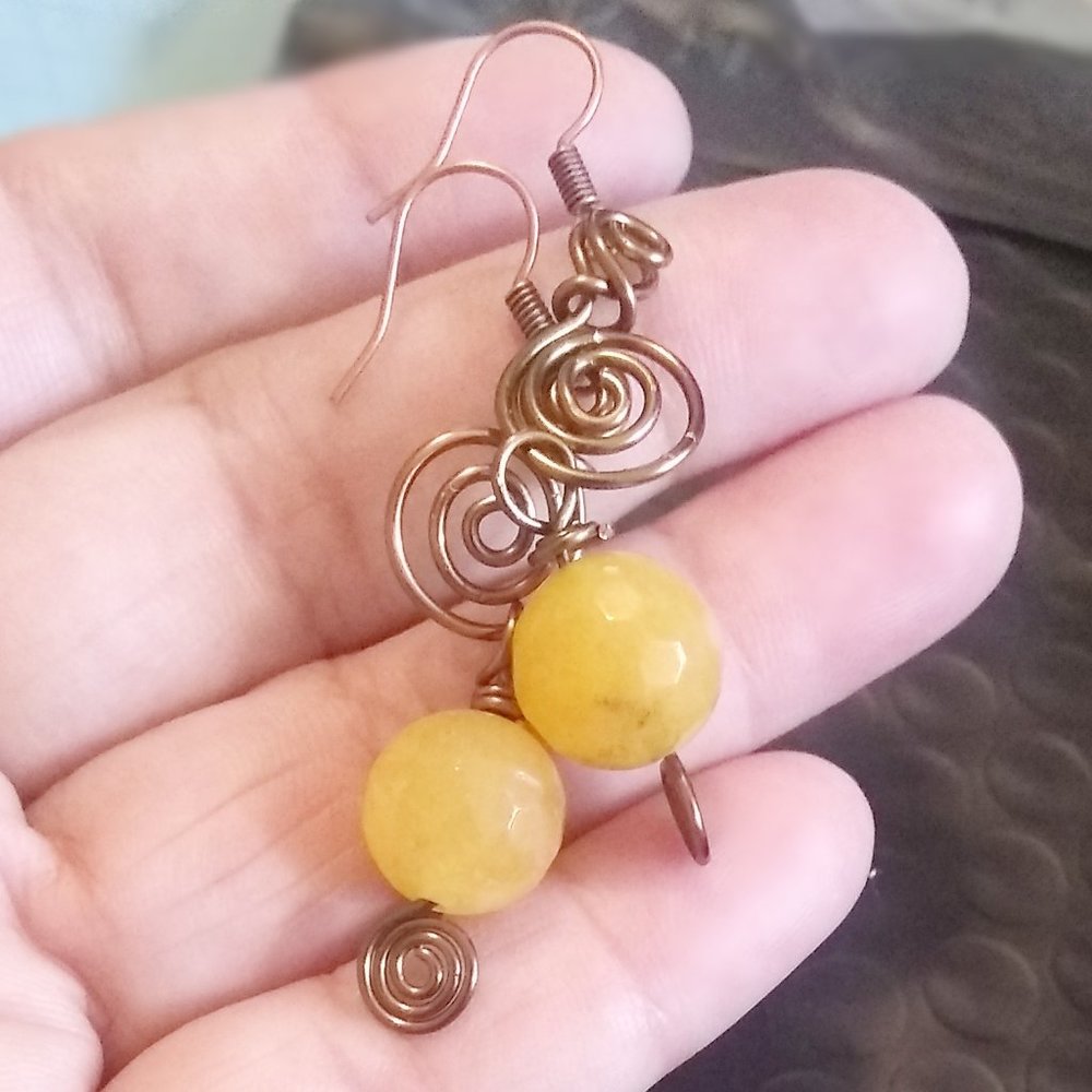 Handcrafted Yellow Agate + Wire Art Statement Earrings - Picture 8 of 10